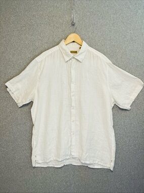 100% Linen Shirt Mens 2XL White Short Sleeve‎ Casual Natural Blue by Visitor